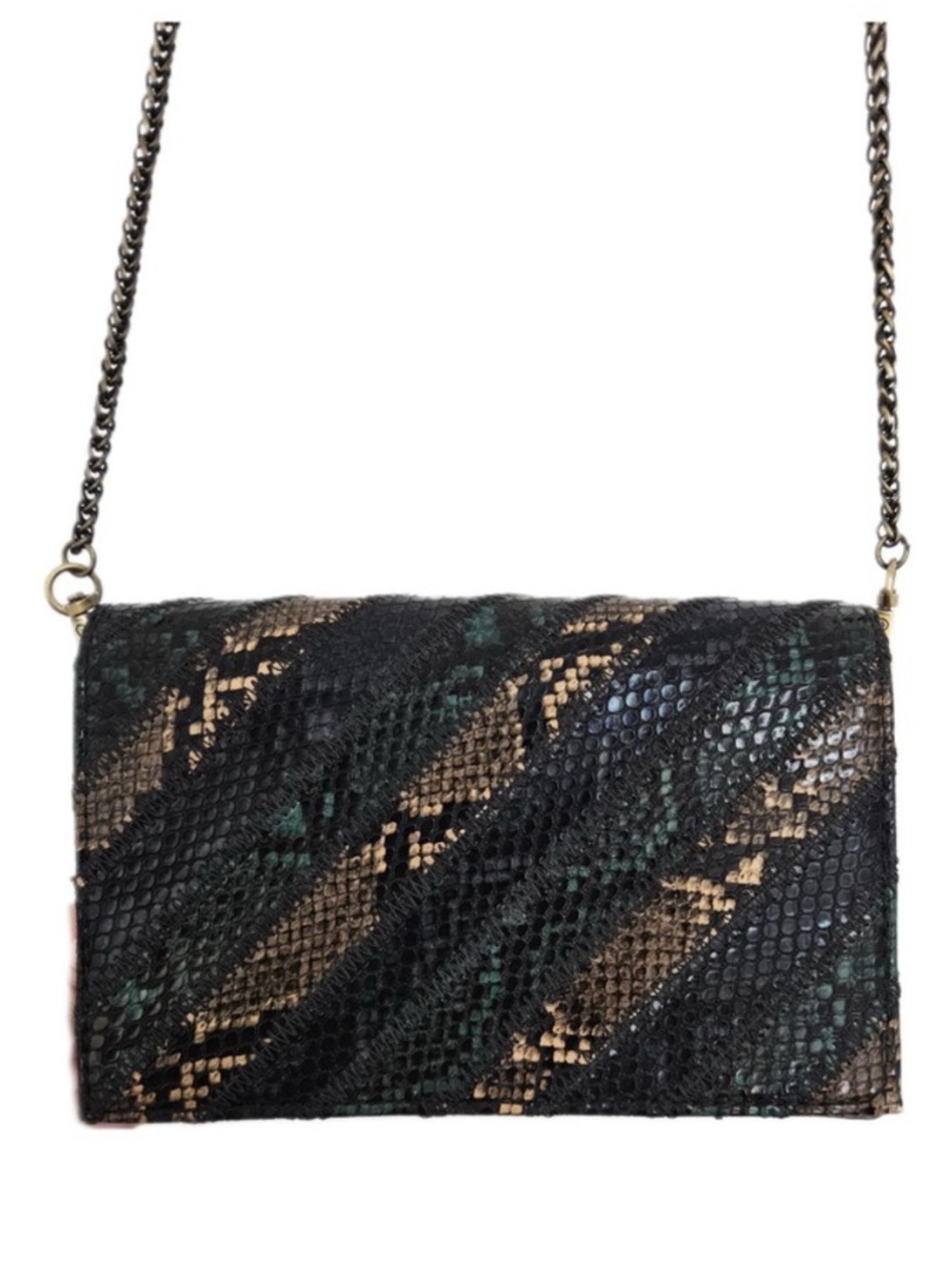 Zara Snake-Embossed Chain Crossbody in Black, Brown & Dark Green